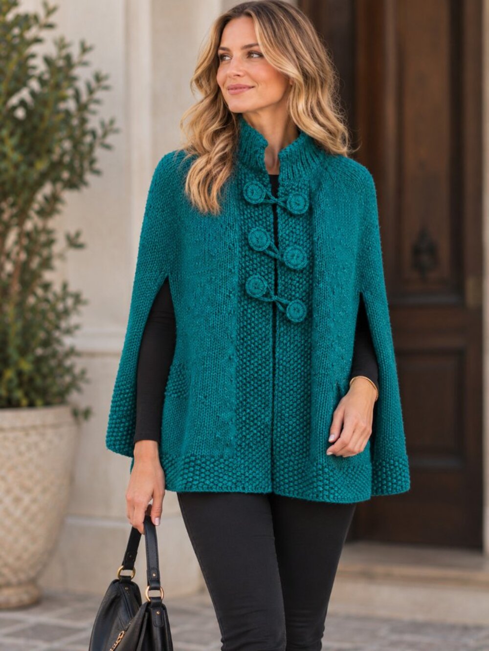 Vintage Teal Turquoise Hand knit Grandma Chic Poncho L